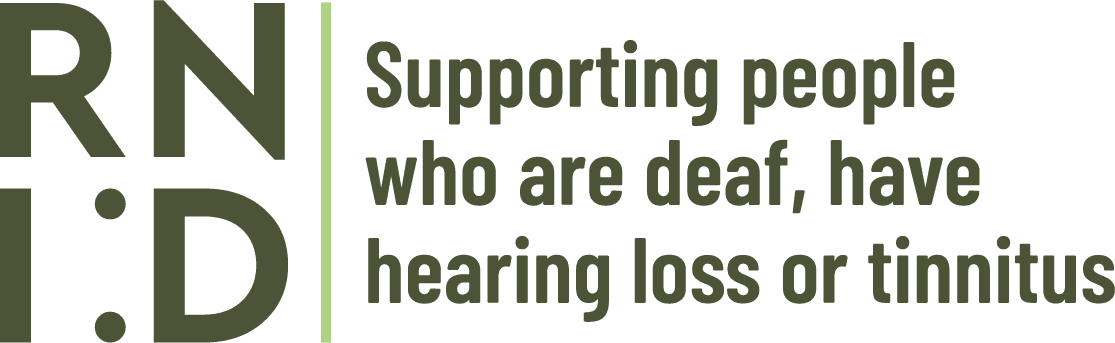 RNID logo with vertical text and a green line, alongside a description of their support services
