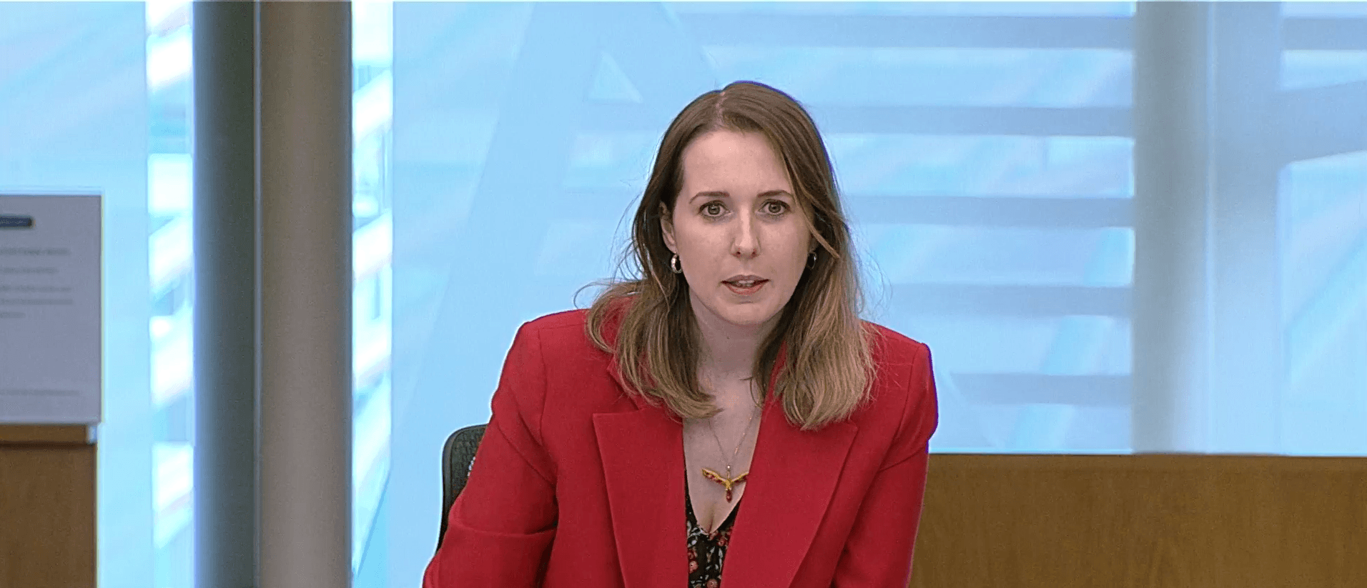 Emma, in a red blazer, speaks in Parliament, looking serious.